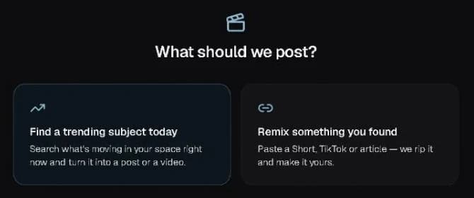 Post studio start screen with two choices: find a trending subject today, or remix something you found