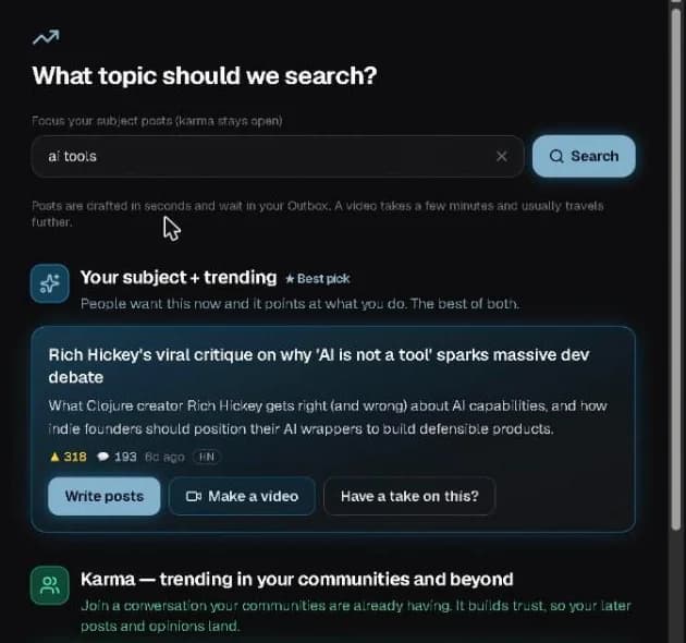 LaunchEngine trend finder: search box with 'ai tools', a best-pick trending topic with upvotes and comment count, and a karma lane below