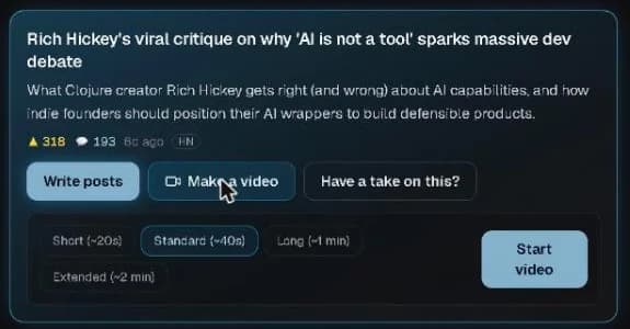 Make a video panel: length options Short about 20s, Standard about 40s, Long about 1 min, Extended about 2 min, and a Start video button